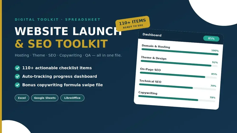 Website Launch & SEO Audit Toolkit — 110+ Checklist + Dashboard Progres Otomatis
